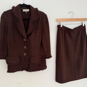 St. John collection Chocolate Fringed Blazer and Skirt Set